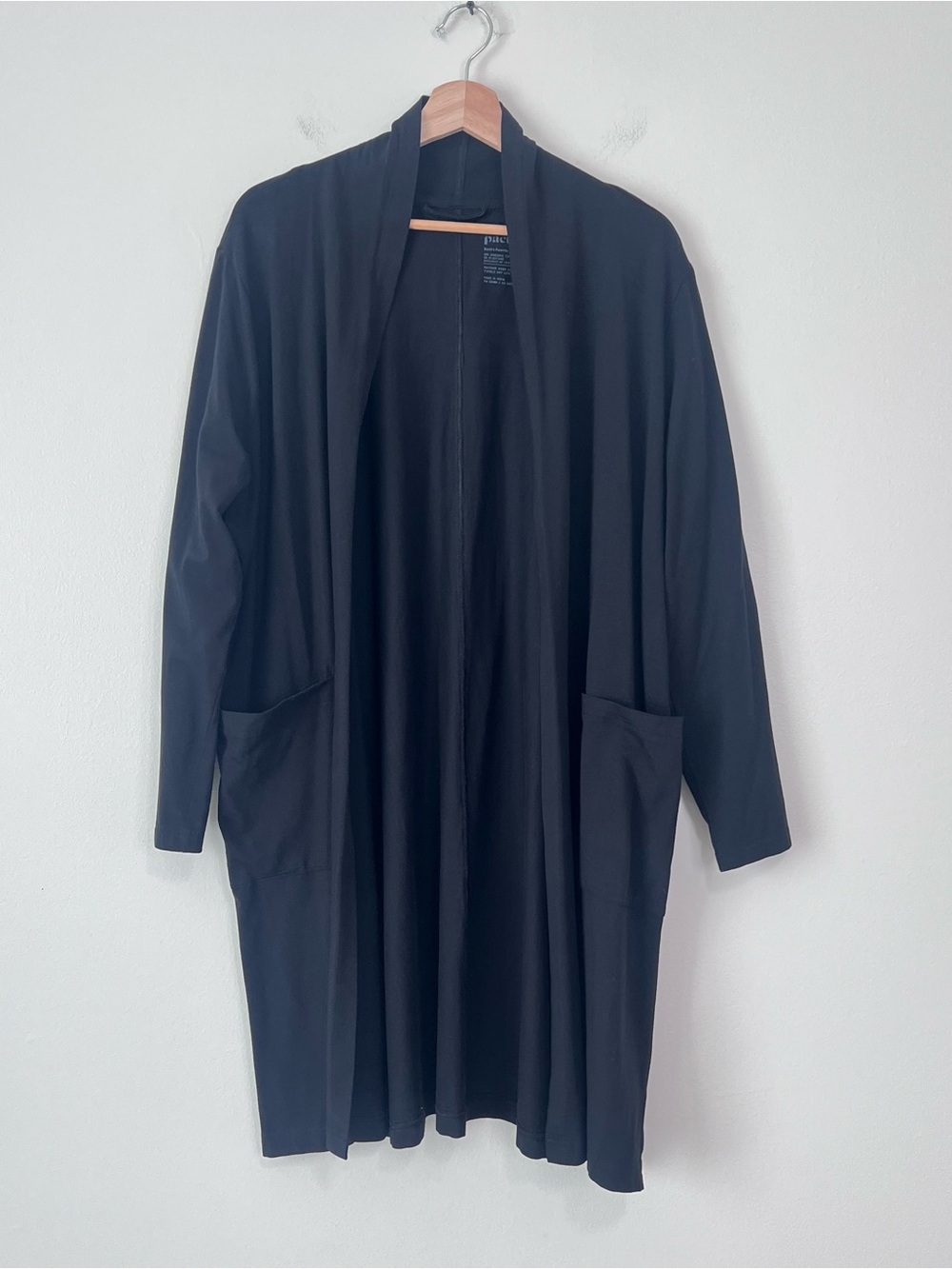 Pact Luxe Stretch Cardigan Size L Black Organic Cotton Jersey Long Open Front - Picture 2 of 5